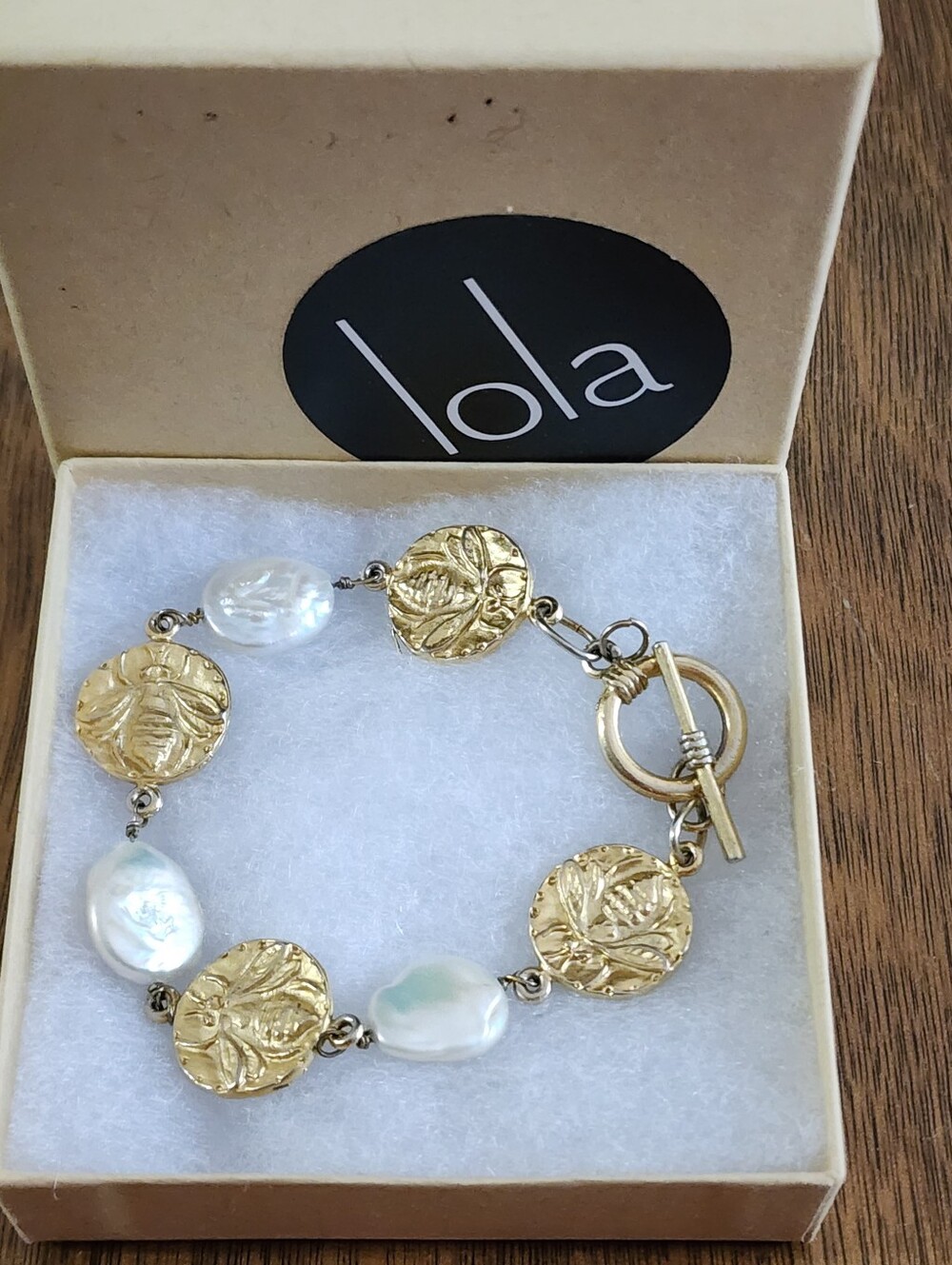 LOLA Bracelet Jewelry Gold Bumblebee Coin and Baroque Pearl